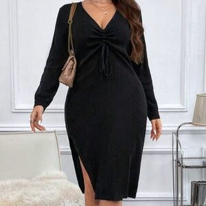 Chic Black Ribbed Knit Midi Dress – Ruched V-Neck & Side Slit